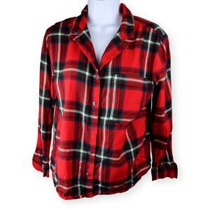 Stars Above Red Plaid Flannel Pajama Top S